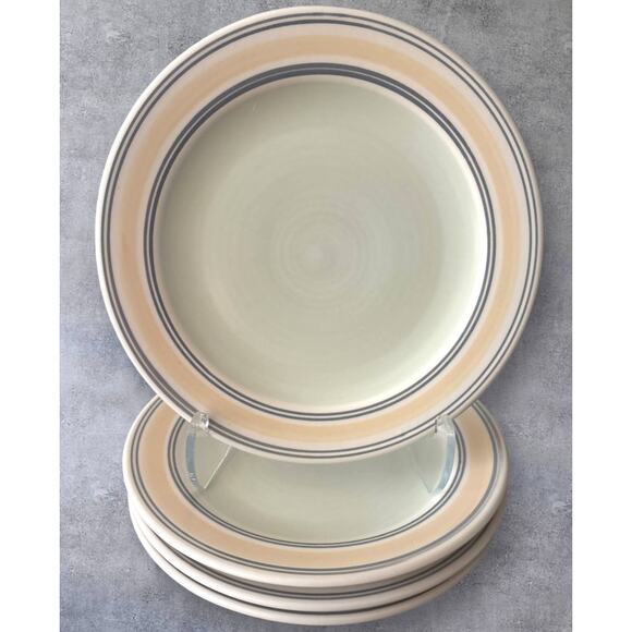 Pfaltzgraff Set 4 Key Largo 11" Stoneware Dinner Plates Cream Yellow Green Bands - Picture 1 of 6